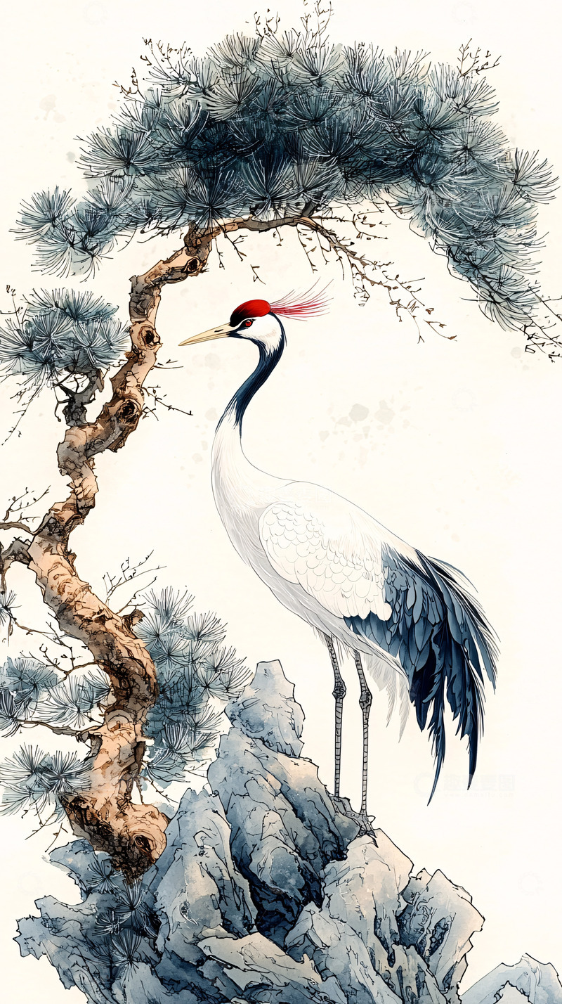 高清大图下载【趣麦麦图】水墨仙鹤立于山石之上