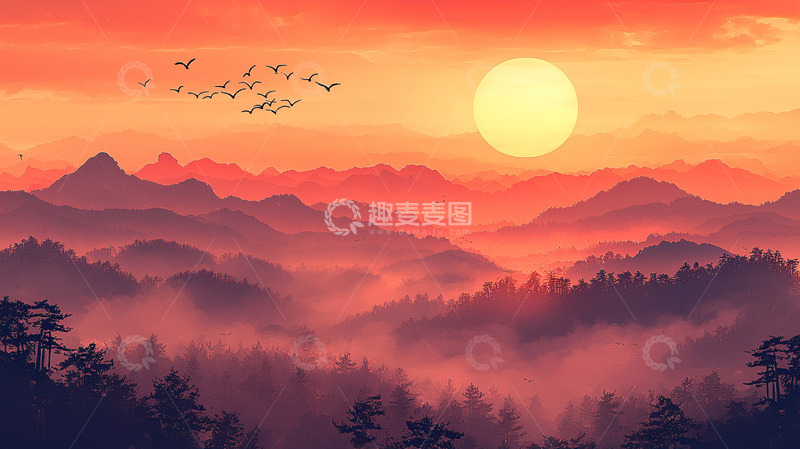 高清大图下载【趣麦麦图】落日余晖下的群山雾霭