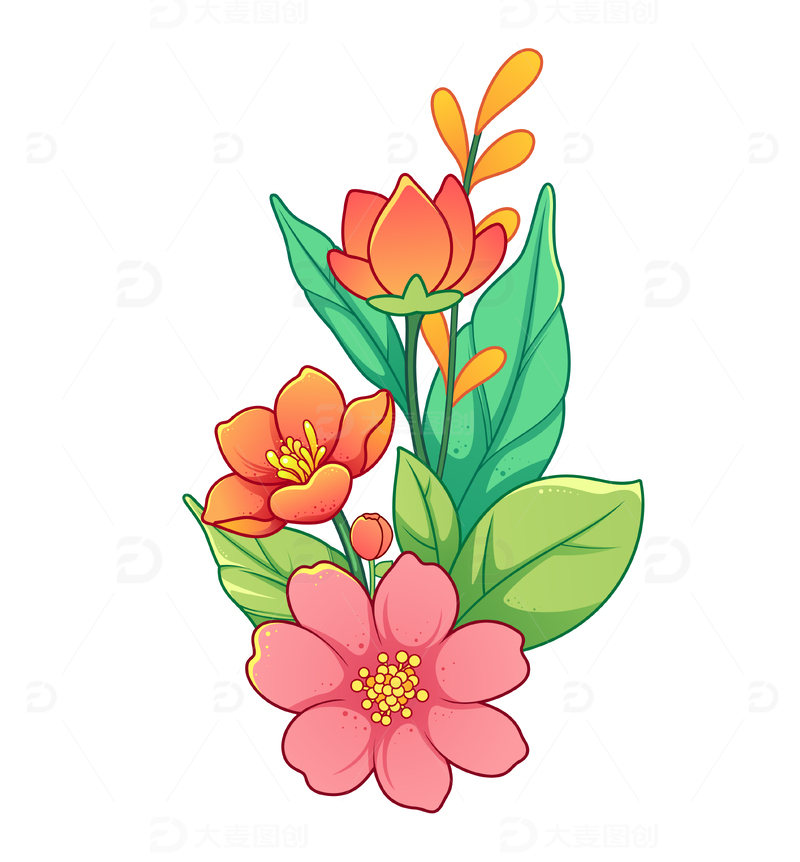 鲜花卡通矢量描边插画