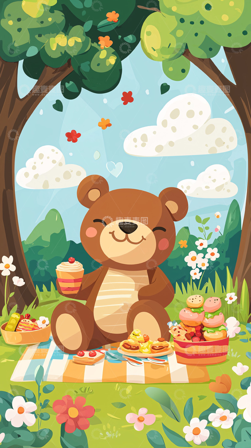 高清大图下载【趣麦麦图】卡通小熊野餐图