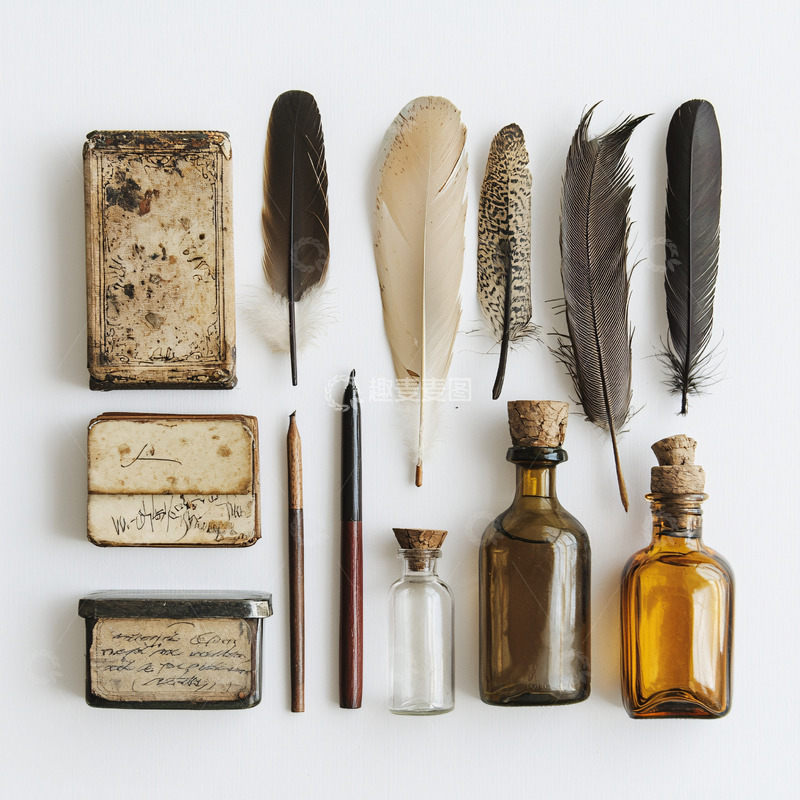 高清大图下载【趣麦麦图】复古文具与羽毛静物