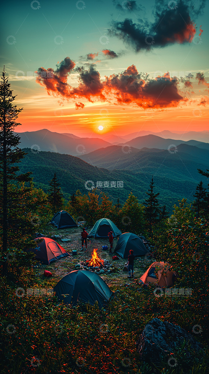 高清大图下载【趣麦麦图】山顶露营篝火晚霞