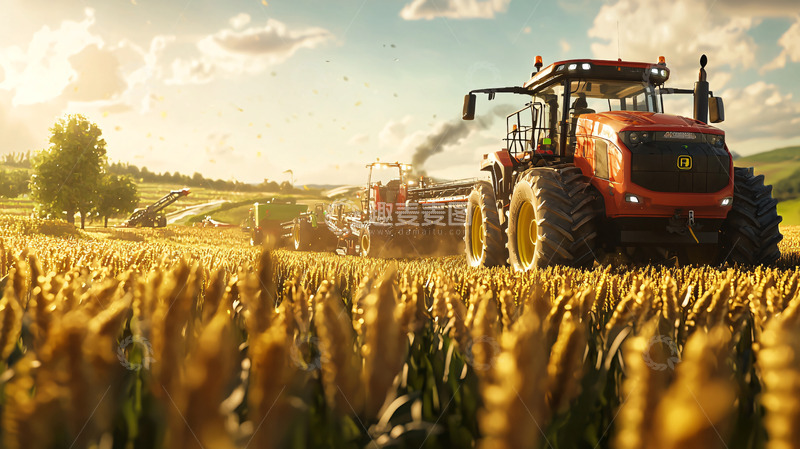 高清大图下载【趣麦麦图】夕阳下收割小麦的拖拉机