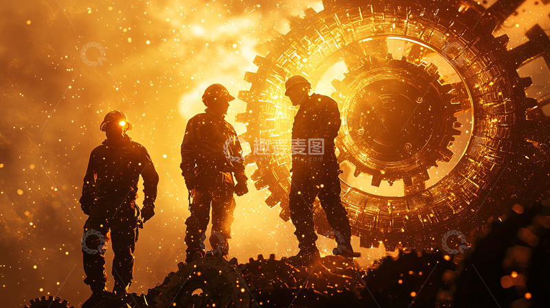 高清大图下载【趣麦麦图】工人们在巨大齿轮旁讨论