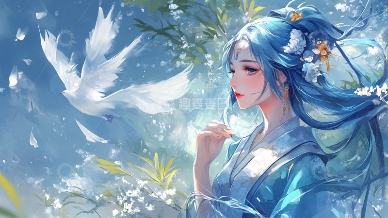 高清大图下载【趣麦麦图】蓝发女子与白鸽