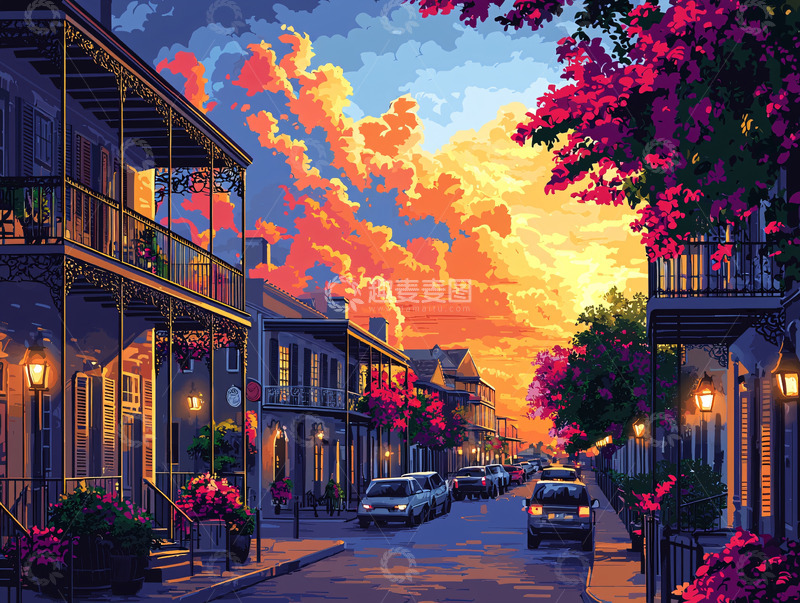 高清大图下载【趣麦麦图】夕阳西下街道景色