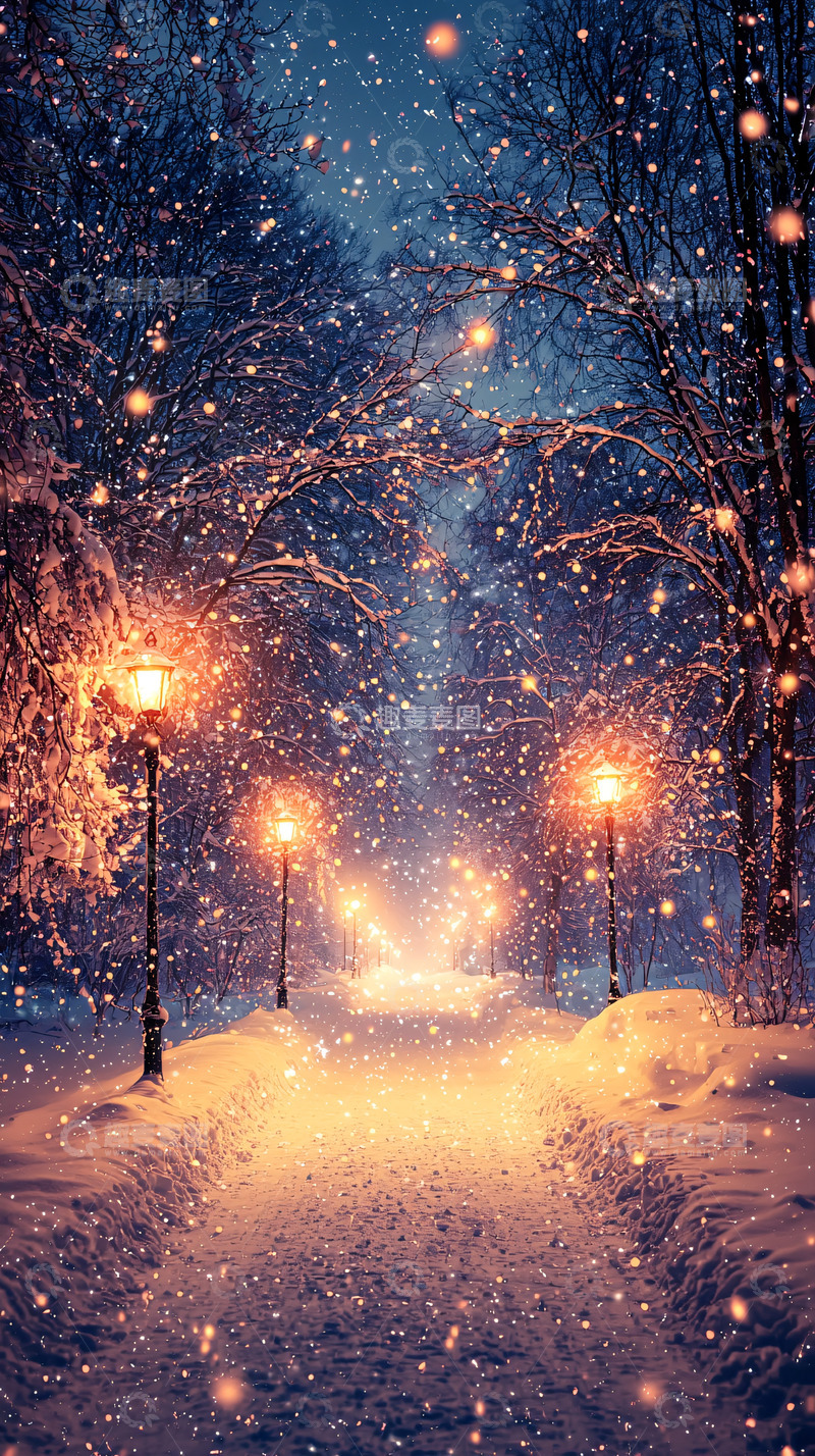 高清大图下载【趣麦麦图】冬夜雪景路灯