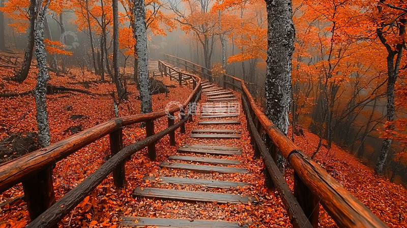 高清大图下载【趣麦麦图】秋日森林木质台阶