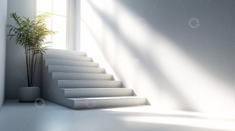 高清大图下载【趣麦麦图】阳光洒进白色楼梯