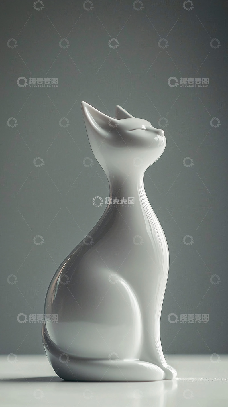 高清大图下载【趣麦麦图】-白色陶瓷猫雕塑