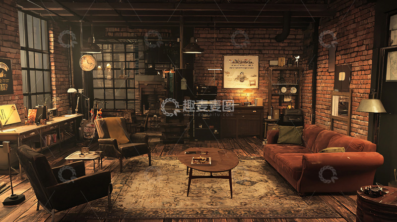 高清大图下载【趣麦麦图】复古工业风客厅
