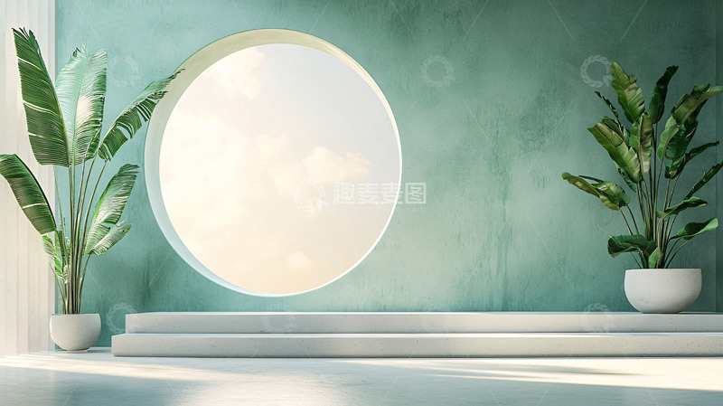高清大图下载【趣麦麦图】极简绿墙圆窗背景