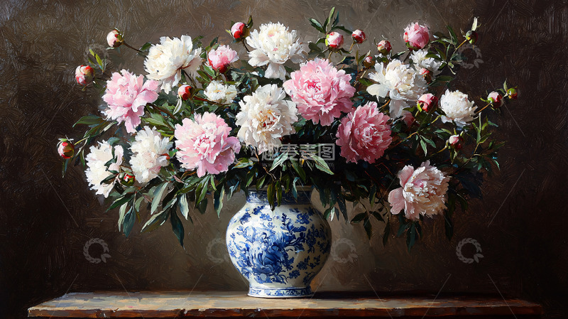 高清大图下载【趣麦麦图】粉白牡丹花瓶静物油画