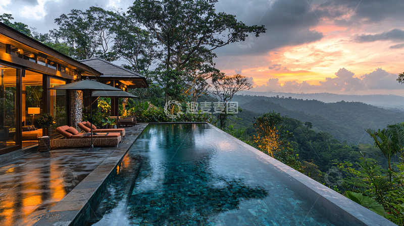 高清大图下载【趣麦麦图】豪华泳池别墅日落美景