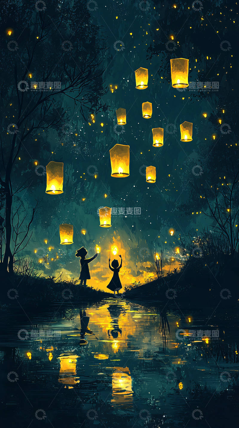 高清大图下载【趣麦麦图】星空下女孩放飞孔明灯