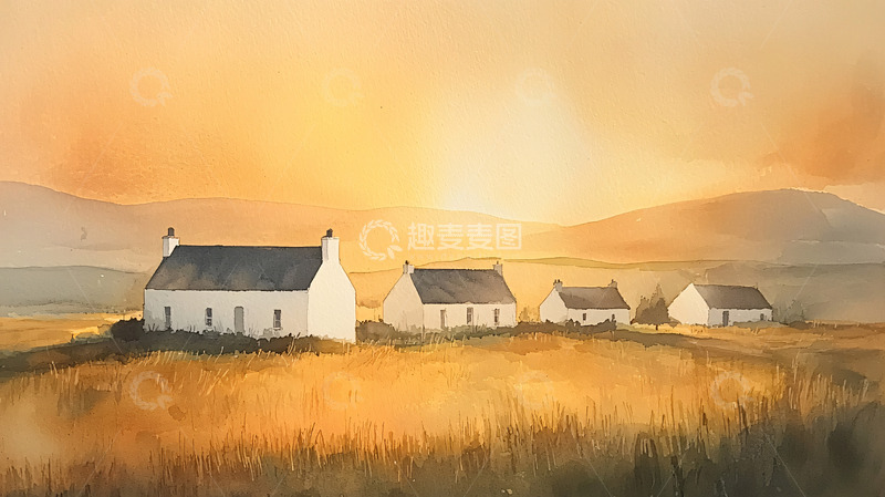 高清大图下载【趣麦麦图】金色麦田上的白色房屋
