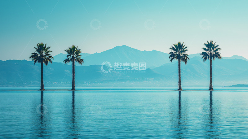 高清大图下载【趣麦麦图】蓝色平静水面上的棕榈树
