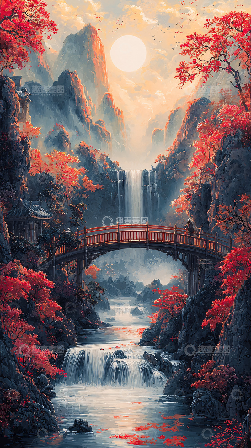 高清大图下载【趣麦麦图】红叶秋景山水瀑布