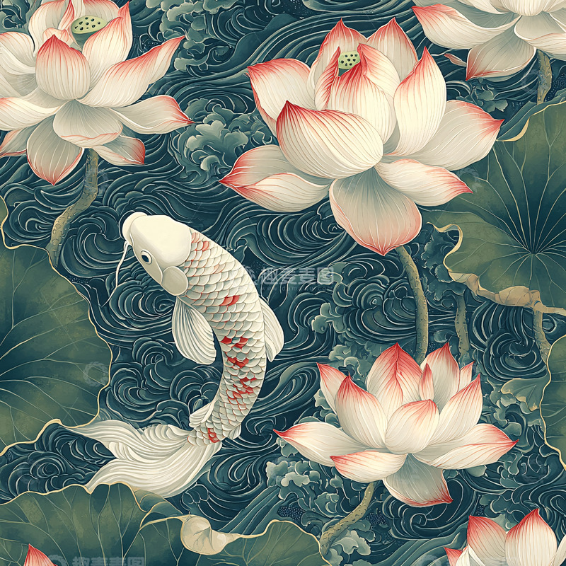 高清大图下载【趣麦麦图】水墨画荷花鲤鱼