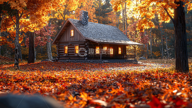 高清大图下载【趣麦麦图】秋日森林木屋