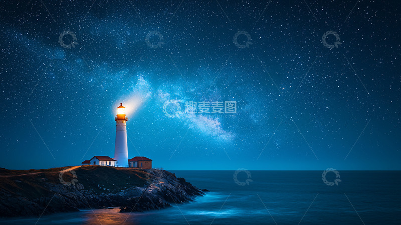 高清大图下载【趣麦麦图】灯塔照亮夜空下的海岸线