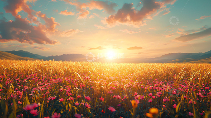 高清大图下载【趣麦麦图】金色麦田日落