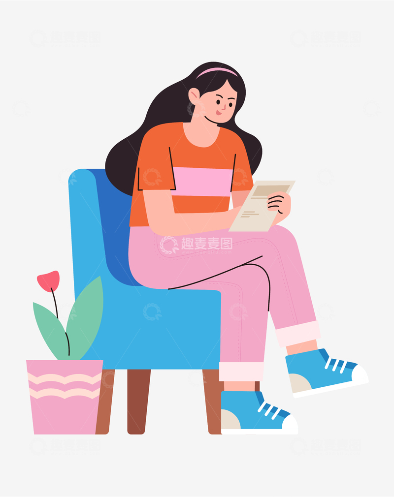 源文件下载【趣麦麦图】-矢量扁平风坐在沙发上看书的女生
