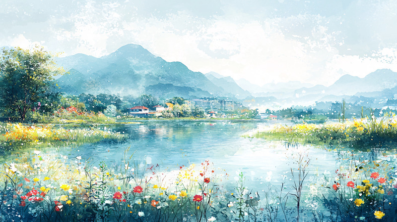 高清大图下载【趣麦麦图】宁静祥和的山水田园风景画