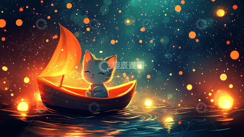 高清大图下载【趣麦麦图】小猫乘船夜航
