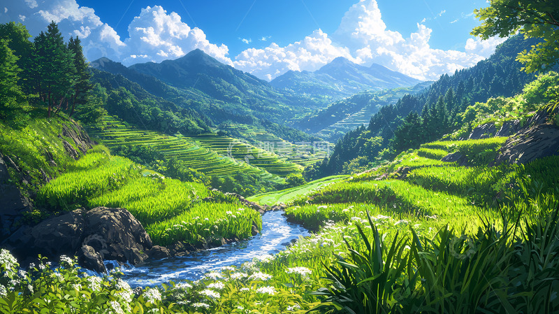 高清大图下载【趣麦麦图】阳光明媚的山谷梯田