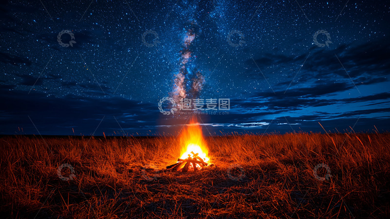 高清大图下载【趣麦麦图】篝火照亮星空下的旷野