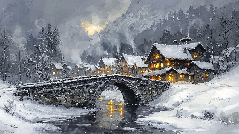 高清大图下载【趣麦麦图】雪中小镇的桥梁夜景