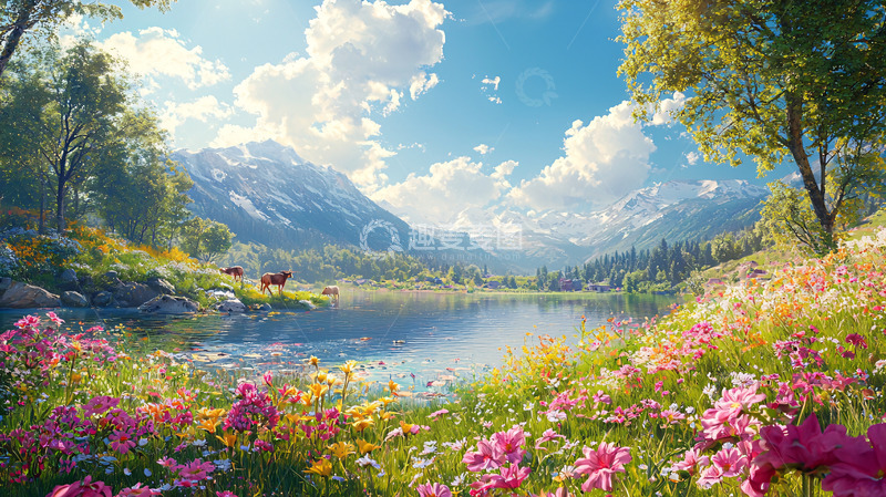 高清大图下载【趣麦麦图】阳光明媚的雪山湖泊