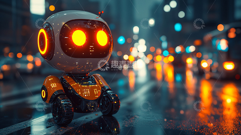 高清大图下载【趣麦麦图】雨夜城市里的迷你机器人