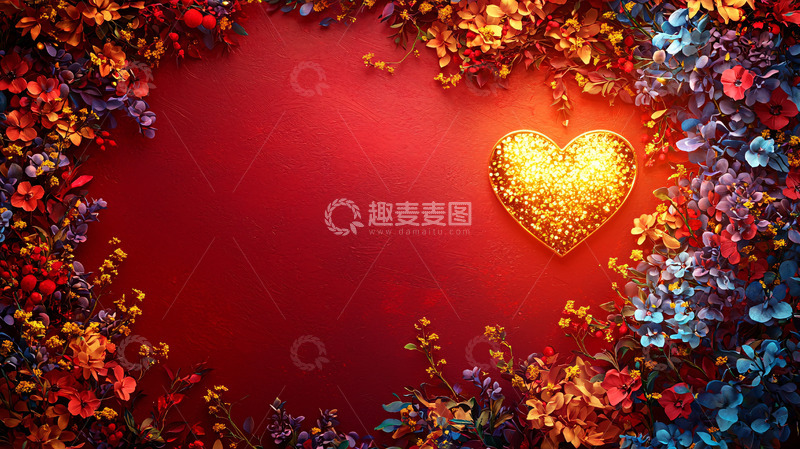 高清大图下载【趣麦麦图】红色背景花朵爱心