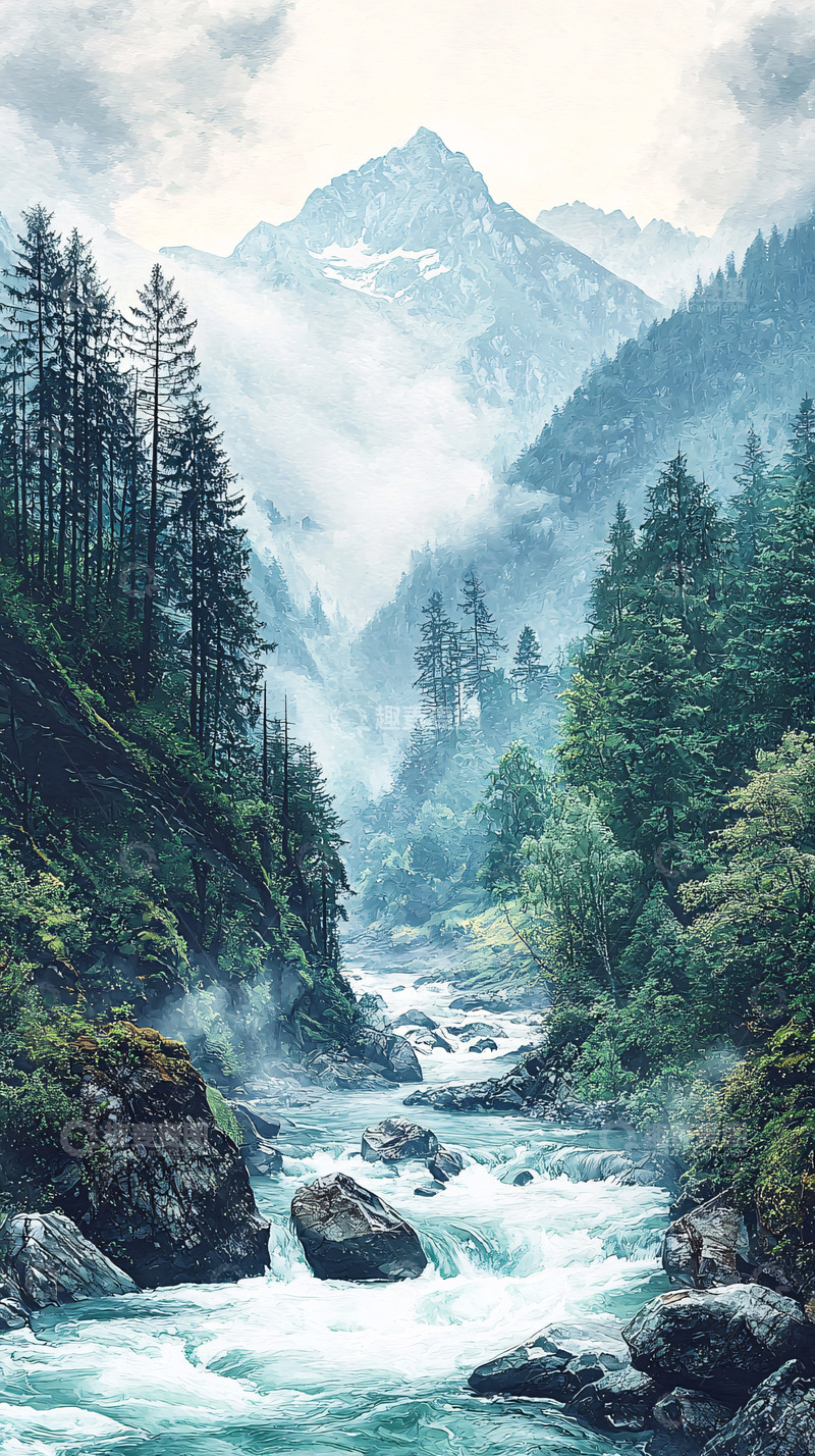 高清大图下载【趣麦麦图】雾气弥漫的山谷河流