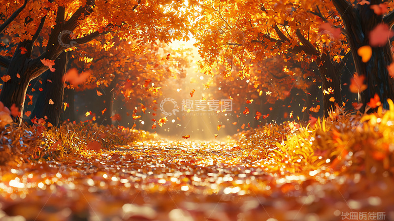 高清大图下载【趣麦麦图】秋日金黄落叶铺满小路