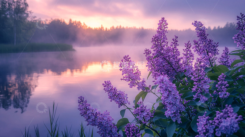 高清大图下载【趣麦麦图】清晨雾气紫丁香湖景