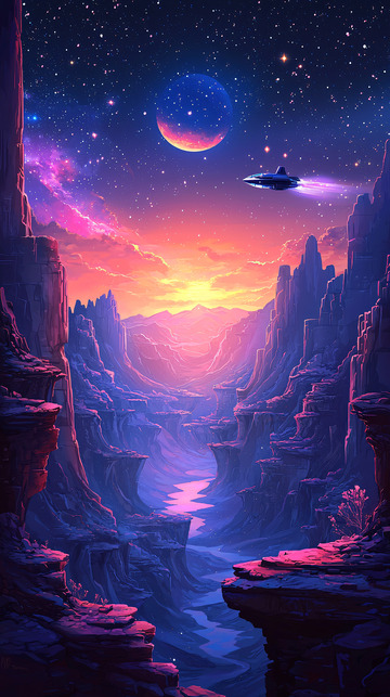 宇宙飞船飞过星空下的峡谷