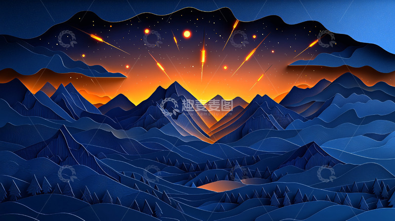 高清大图下载【趣麦麦图】剪纸风格山脉日落
