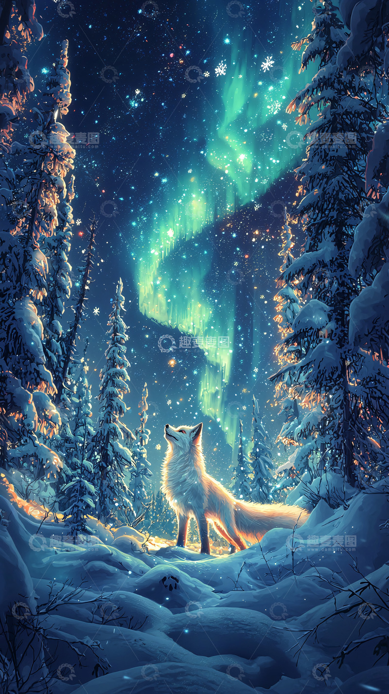 高清大图下载【趣麦麦图】极光下的雪地狐狸