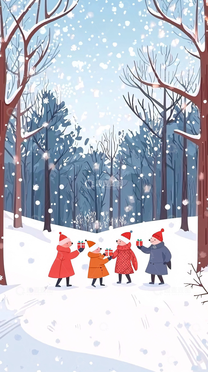 高清大图下载【趣麦麦图】冬日森林里的小动物们交换礼物
