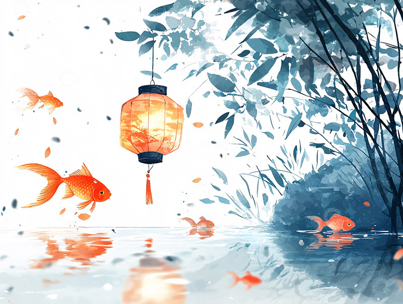 高清大图下载【趣麦麦图】水中金鱼灯笼竹子水墨画