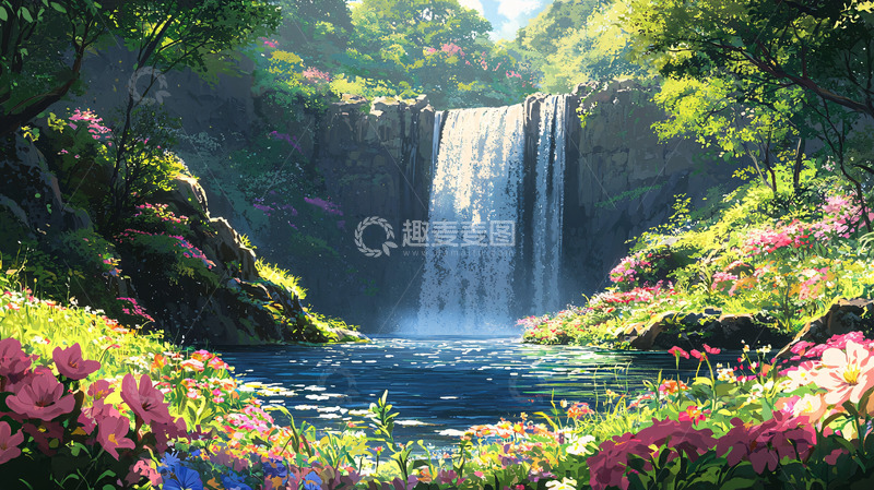 高清大图下载【趣麦麦图】翠绿山间的壮丽瀑布