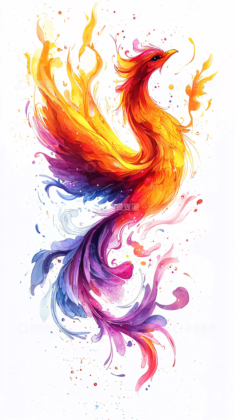 高清大图下载【趣麦麦图】彩色水彩凤凰