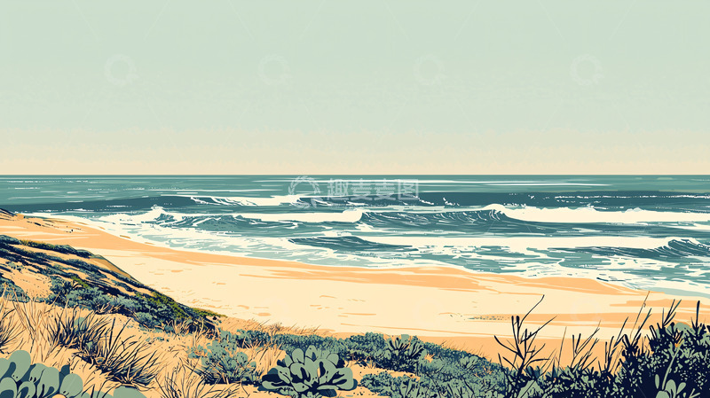 高清大图下载【趣麦麦图】海滩日出平静的海浪