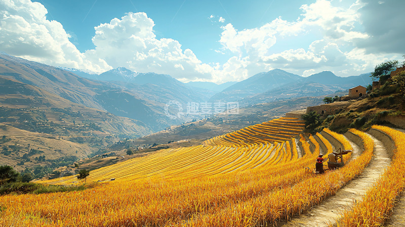 高清大图下载【趣麦麦图】金色梯田和远山