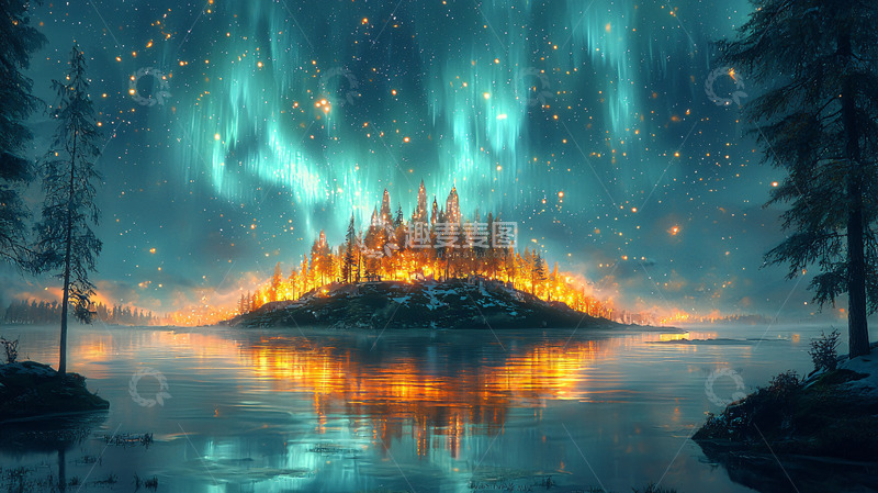 高清大图下载【趣麦麦图】极光下的梦幻岛屿城堡