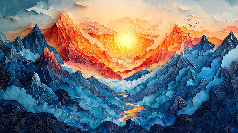 高清大图下载【趣麦麦图】纸艺山脉日出