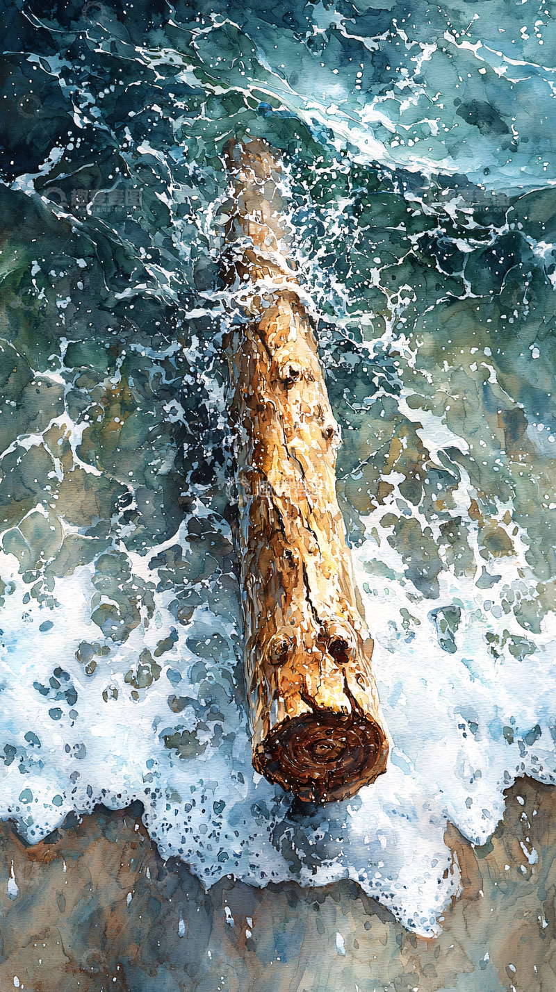 高清大图下载【趣麦麦图】海浪冲刷的木头